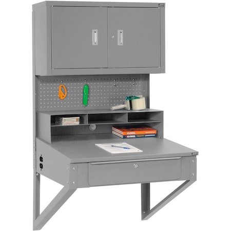 Global Industrial Wall Mount Shop Desk w/ Pegboard & Cabinet, 34-1/2inW x 30inD, Gray 249691GY